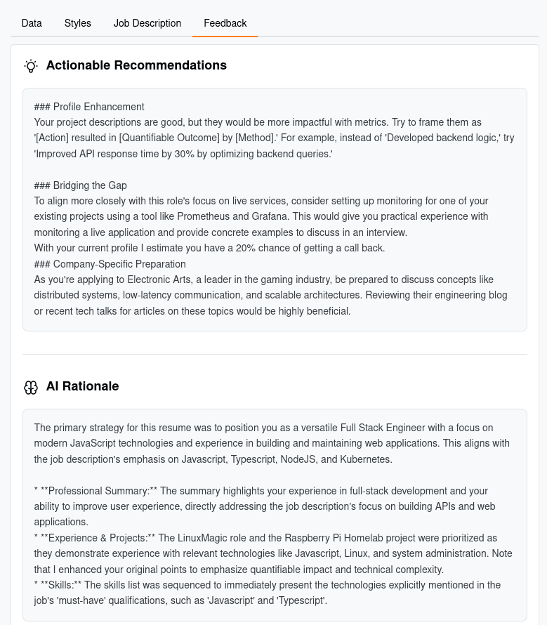 A screenshot showing the AI feedback and recommendations tab in the Fazume app.